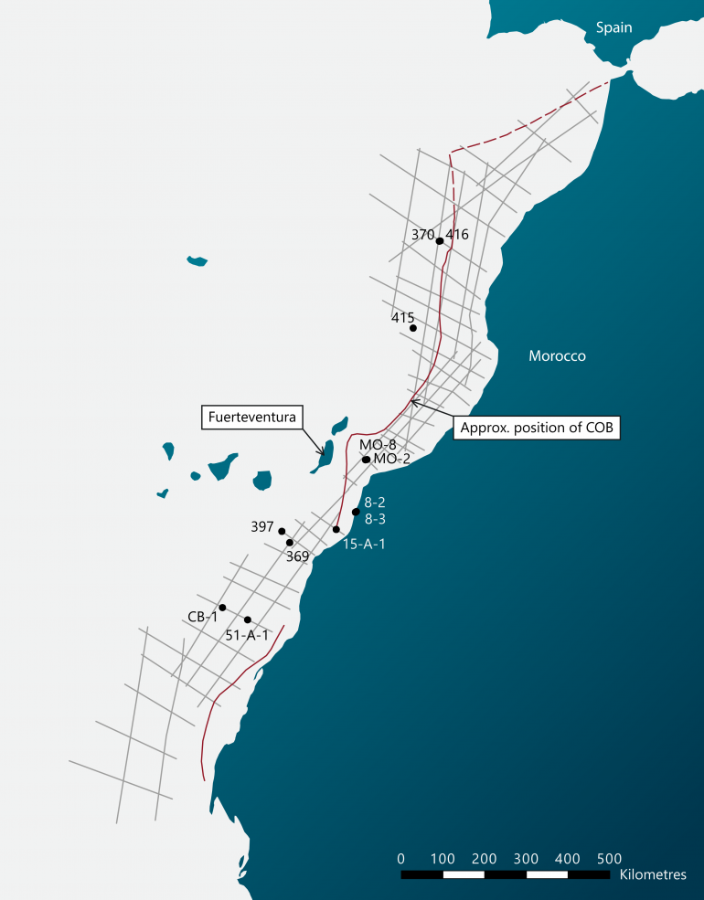 Figure 1. Location Map showing Geoex 2D seismic survey lines, key exploration wells and DSDP core-holes.