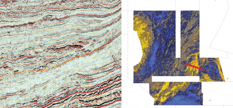 Figure 3: Amplitude response of an Aquitanian turbidite fan. Line of section shown in red on the map.