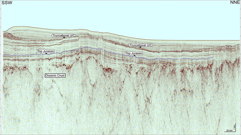 Figure 3. Seismic Section showing a regional, truncational unconformity.