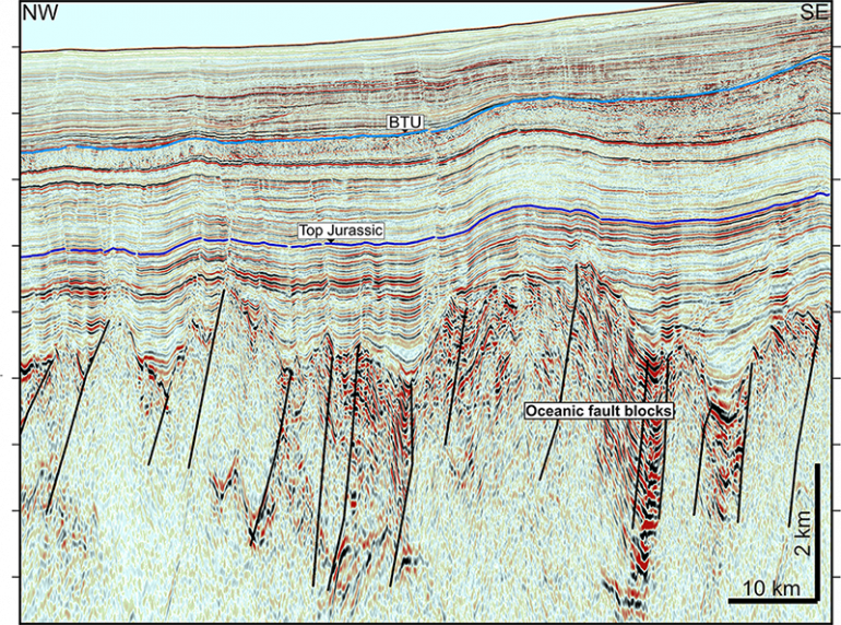 Figure 6. Seismic example of Play-type 1, ‘Oceanic Fault Blocks’.